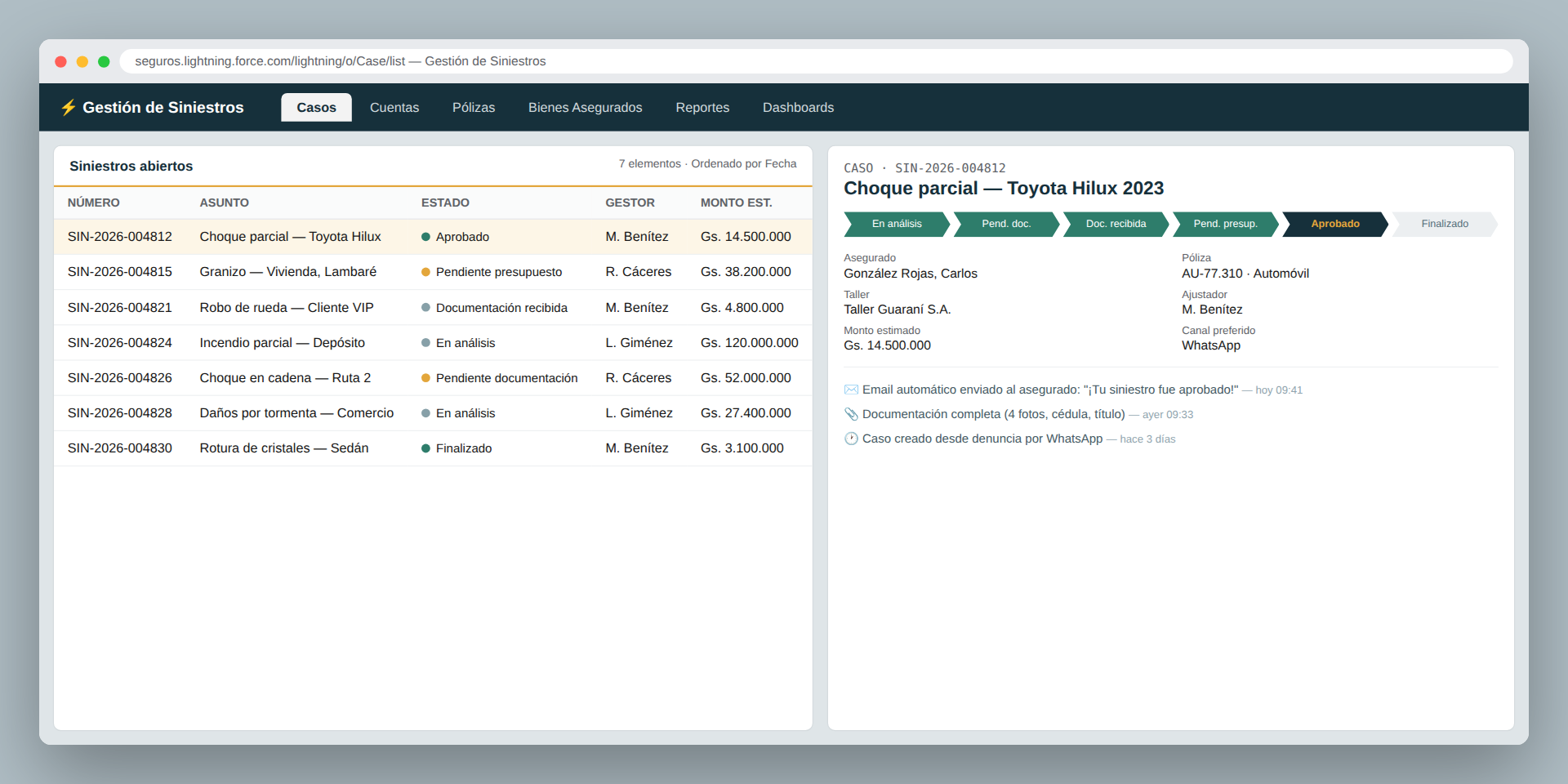 Consola de gestión de siniestros de Sereno sobre Salesforce